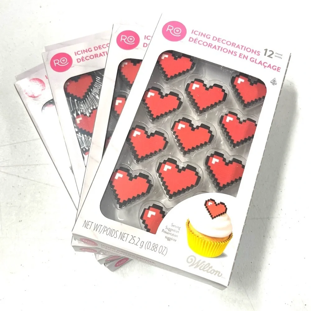 Valentine’s Wilton Pixelated Red Heart Icing Decorations set of 4